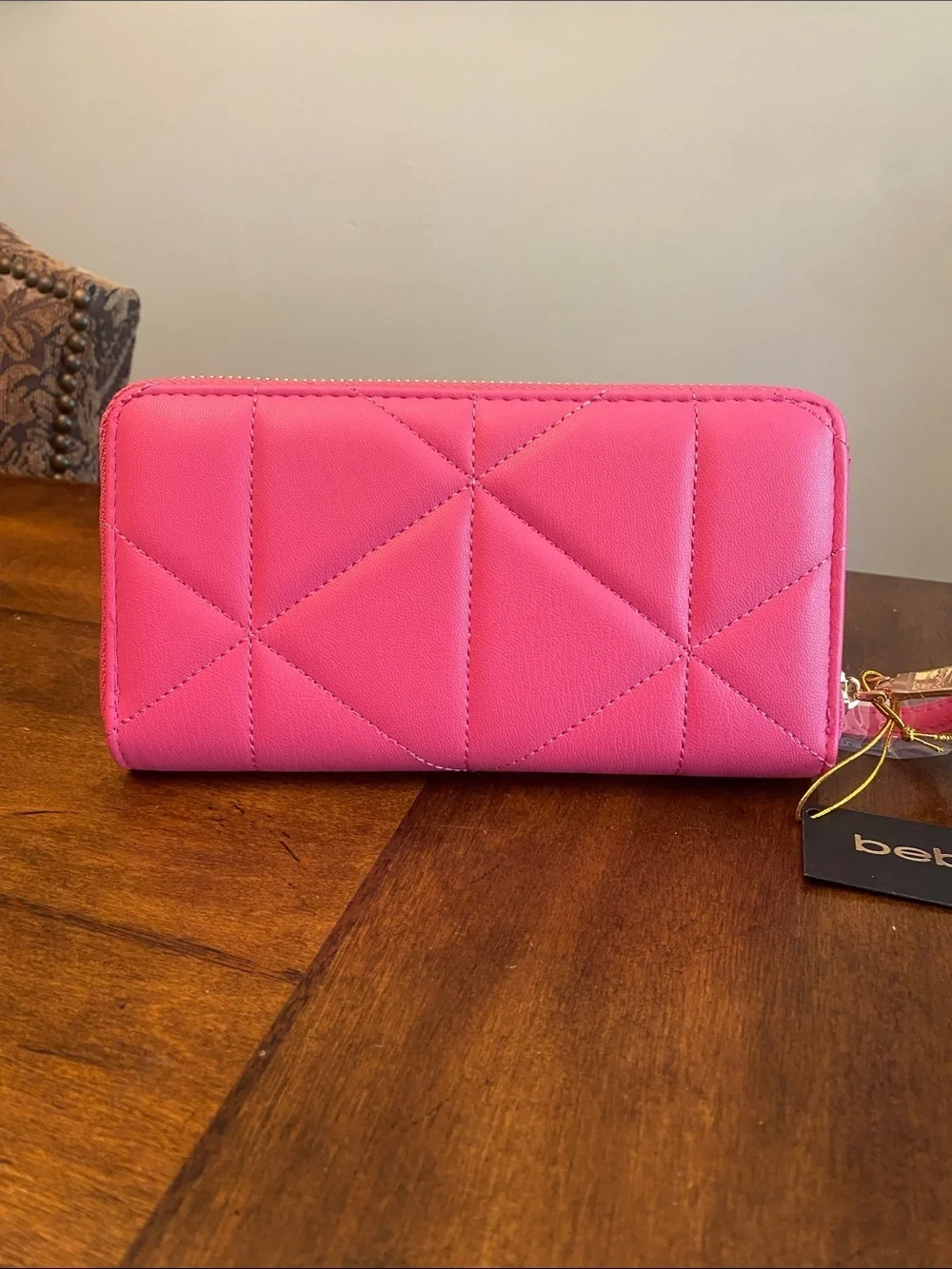 bebe Zara Hot Pink Quilted Zip-Around Wallet Wristlet with Rhinestone Logo 🆕